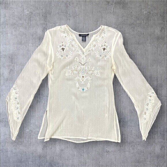 Silkland 100% Silk Sheer Shirt Small Ivory Tie Sleeve Embroidered Embellished - Picture 1 of 13